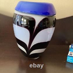 Murano Zebra Over Blue Vase Vintage 1960's Brown White Stripe Blue Top Rare Find