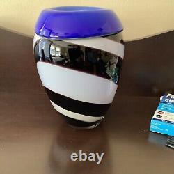 Murano Zebra Over Blue Vase Vintage 1960's Brown White Stripe Blue Top Rare Find