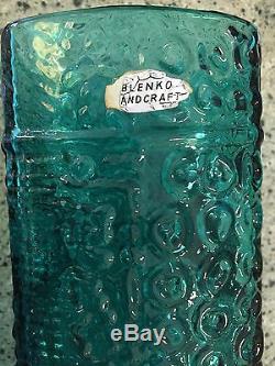 Myers Blenko Gorgeous Blue Green Color Art Glass Texture Vase