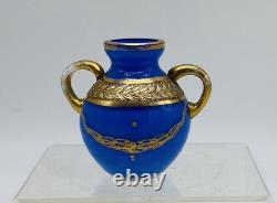 NEOCLASSICAL FRENCH Blue OPALINE Glass Gold Gilded Handled Cabinet Vase