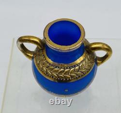 NEOCLASSICAL FRENCH Blue OPALINE Glass Gold Gilded Handled Cabinet Vase