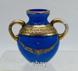 NEOCLASSICAL FRENCH Blue OPALINE Glass Gold Gilded Handled Cabinet Vase