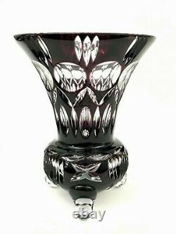 Natchmann Bohemiann Dark Amethyst Cut to Clear Crystal Bulbous 3 Footed Vase