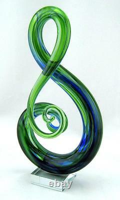 New 11 Hand Blown Art Glass Fused Sculpture Music Treble Clef Note Green Blue