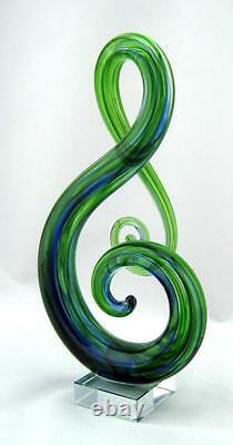 New 11 Hand Blown Art Glass Fused Sculpture Music Treble Clef Note Green Blue