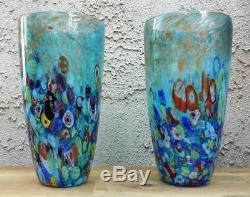New 12 Hand Blown Glass Art Vase Blue Italian Millefiori Multicolor Decorative