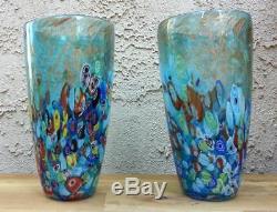 New 12 Hand Blown Glass Art Vase Blue Italian Millefiori Multicolor Decorative