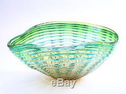 New 15 Hand Blown Glass Art Bowl Blue Green Ruffle Decorative Abstract