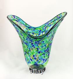 New 15 Hand Blown Glass Art Vase Blue Green Fluted Italian Decorative