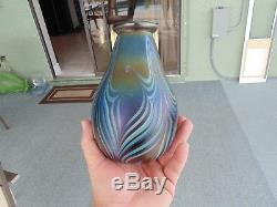 Nice Early Charle Lotton Early Blue Iridescent Art Glass Vase Signed Dated 1972