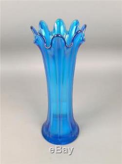 Northwood Mid-sized Thin Rib Celeste Blue Carnival Glass Vase With 4 3/4 Base