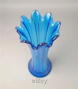 Northwood Mid-sized Thin Rib Celeste Blue Carnival Glass Vase With 4 3/4 Base