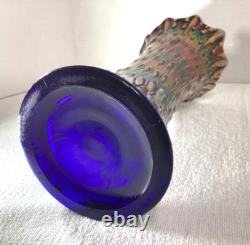 Northwood Midsize Tree Trunk Vase Blue Carnival Glass 12 Tall 4.5 Base Vintage