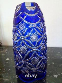 Ofnah Poland Cobalt Blue Hand Cut To Clear 12cased Crystal Vase Bohemian Ajka