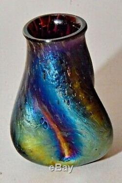 Old Loetz Art Glass Vase Organic Shape in Iridescent Deep Blue withGreen Flashes