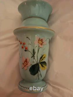 Opaline Glass Vase Hand Painted Turquoise Blue Floral Bouquet 7 19th Century