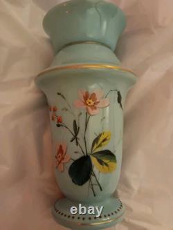 Opaline Glass Vase Hand Painted Turquoise Blue Floral Bouquet 7 19th Century