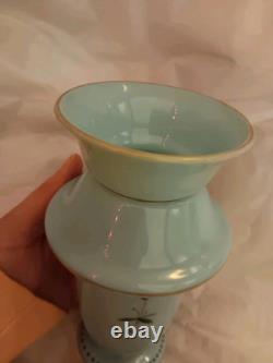 Opaline Glass Vase Hand Painted Turquoise Blue Floral Bouquet 7 19th Century