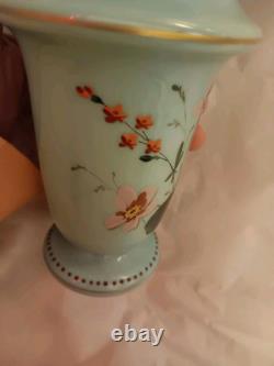 Opaline Glass Vase Hand Painted Turquoise Blue Floral Bouquet 7 19th Century