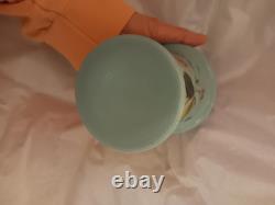 Opaline Glass Vase Hand Painted Turquoise Blue Floral Bouquet 7 19th Century