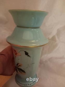 Opaline Glass Vase Hand Painted Turquoise Blue Floral Bouquet 7 19th Century