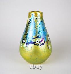 Orient & Flume Blue & Yellow Floral Iridescent Art Glass Vase Signed c. 1981