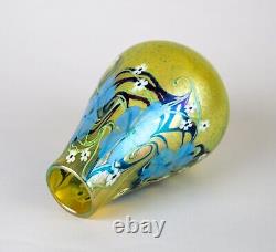 Orient & Flume Blue & Yellow Floral Iridescent Art Glass Vase Signed c. 1981