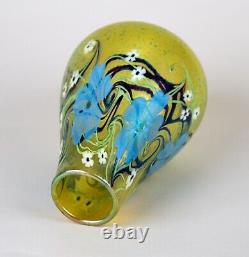 Orient & Flume Blue & Yellow Floral Iridescent Art Glass Vase Signed c. 1981