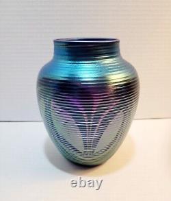 Orient & Flume Iridescent Art Glass Vase Threaded Shield Signed Vtg 80's HTF