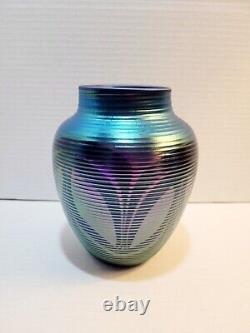 Orient & Flume Iridescent Art Glass Vase Threaded Shield Signed Vtg 80's HTF