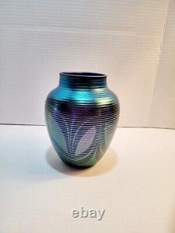 Orient & Flume Iridescent Art Glass Vase Threaded Shield Signed Vtg 80's HTF