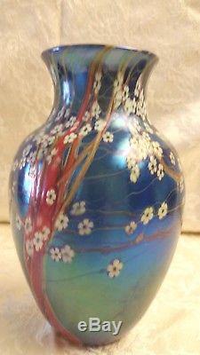 Orient and Flume Blue Aurene Hawthorne Art Glass Vase, Signed, 8