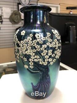 Orient and Flume Blue Tree Flower Glass Vase July 1984 (9.75)