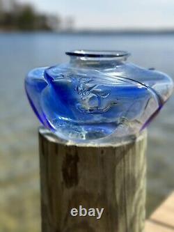 Original Vintage 1984 Peter Bramhall Hand Blown Blue Art Glass Orb Bowl Seaform