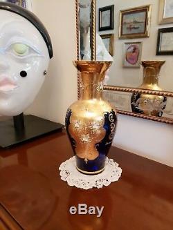 Original Vintage Barbini Murano Vase Cobalt Hand Enamel Gold Decoration