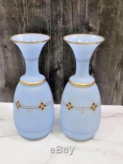 PAIR Antique Blue Opaline French Enameled Glass Vases 12