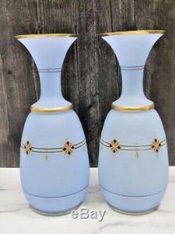 PAIR Antique Blue Opaline French Enameled Glass Vases 12