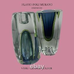PAIR Flavio POLI MURANO Glass Sommerso VASE CANDLE HOLDER Combo Mid Century EUC