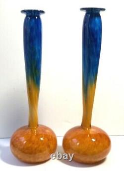 PAIR Hand Blown Glass Studio Signed Orange Blue Modern Vases 2000