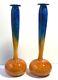 PAIR Hand Blown Glass Studio Signed Orange Blue Modern Vases 2000