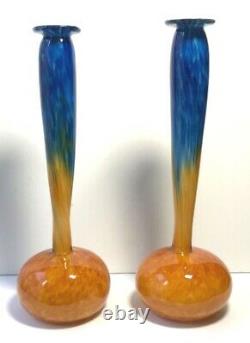 PAIR Hand Blown Glass Studio Signed Orange Blue Modern Vases 2000