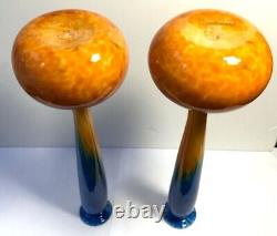 PAIR Hand Blown Glass Studio Signed Orange Blue Modern Vases 2000