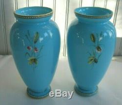 PAIR Handpainted French Blue Opaline Glass Vases BUTTERFLIES Flowers 8 1/2