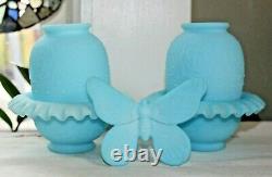 PAIR of Vintage Fenton Blue Custard Satin frosted glass Fairy Lamps & BUTTERFLY