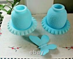 PAIR of Vintage Fenton Blue Custard Satin frosted glass Fairy Lamps & BUTTERFLY