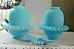 PAIR of Vintage Fenton Blue Custard Satin frosted glass Fairy Lamps & BUTTERFLY