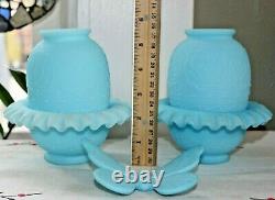 PAIR of Vintage Fenton Blue Custard Satin frosted glass Fairy Lamps & BUTTERFLY