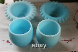 PAIR of Vintage Fenton Blue Custard Satin frosted glass Fairy Lamps & BUTTERFLY