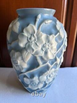 PHOENIX DOGWOOD BLUE With WHITE FLOWERS Vase Reuben Haley 1930's GLASS 10½