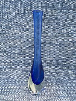 Pagnin & Bon Incised Geometric Art Glass Block Vase Blue 12 3/8 Excellent